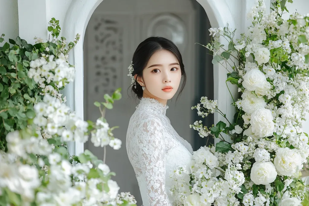 A bride in a white lace gown stands in a doorway adorned with white flowers. The bride's long black hair is pulled back, and she has a delicate pearl earring. She gazes toward the camera, a soft smile gracing her lips. The flowers, a variety of white blooms, create a romantic and ethereal atmosphere. The background is blurred, drawing attention to the bride and the floral decor. The image evokes a sense of elegance and joy, capturing the essence of a wedding day.
