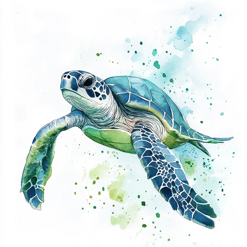 A watercolor painting depicts a sea turtle swimming through the water. The turtle is painted in shades of blue and green, with a detailed shell and flippers. The background is a soft blue with green and blue watercolor splatters, creating a sense of movement and water. The turtle's head is turned to the side, as if looking towards the viewer. The painting has a calming and peaceful atmosphere.