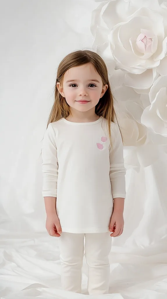 A young girl with long brown hair is standing in front of a white backdrop with large white flowers. She is wearing a white long-sleeved shirt with pink flowers embroidered on the chest and white pants.  She is looking at the camera with a gentle smile. The image is soft and focused on the girl's innocence and beauty.