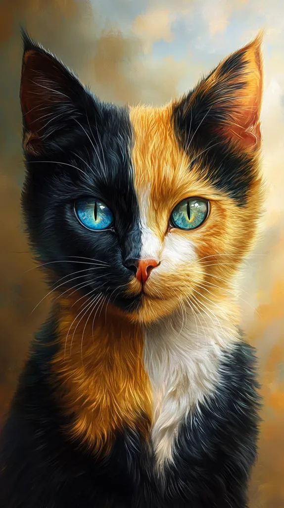 The image is a close-up portrait of a calico cat with striking blue eyes. The cat's fur is a mix of black, white, and orange, and the fur is depicted with a brush stroke that makes it appear soft and fluffy. The cat is looking directly at the viewer with an intense gaze. The background is blurred and faded, with soft hues of orange and white, suggesting a warm, comforting environment.