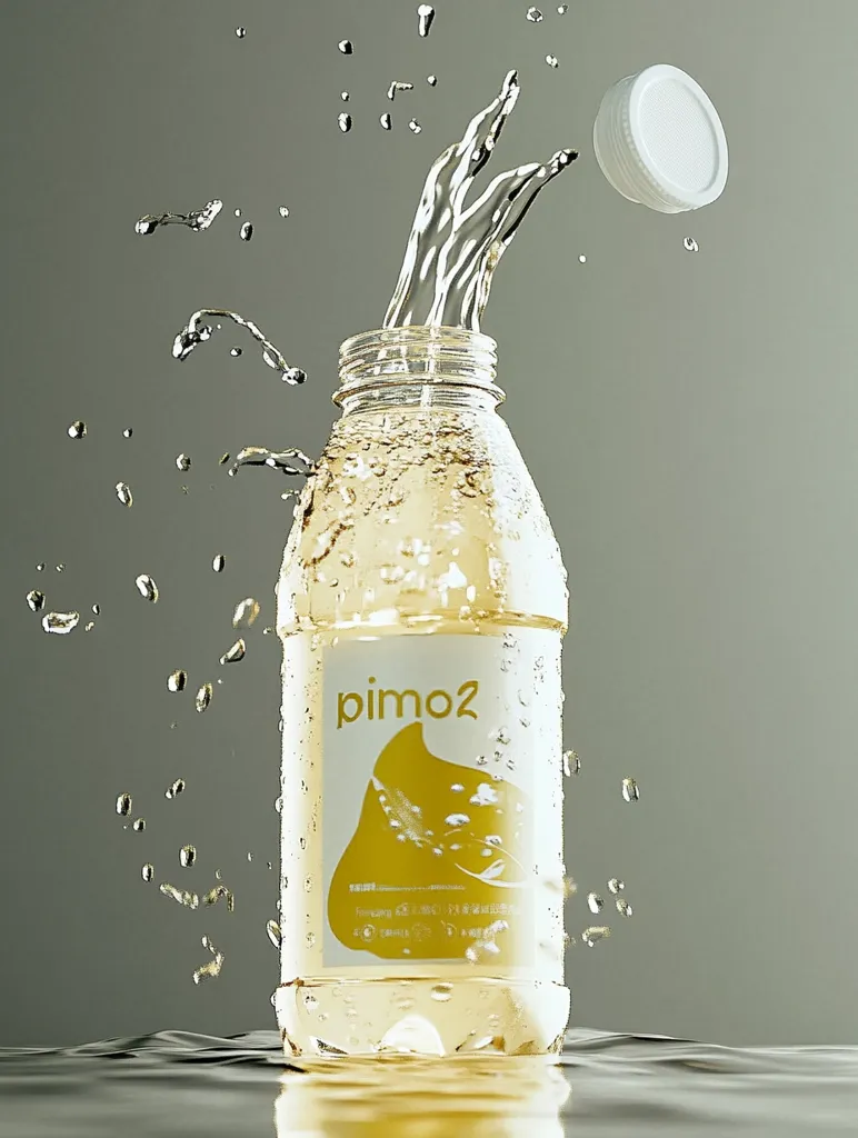 A bottle of Pimo2 water is shown with a splash of water coming from the top. The bottle has a yellow label with the brand name and a stylized yellow shape. The lid is off and the water is splashing around the bottle and on the background.  The bottle is sitting on a reflective surface, creating a watery and refreshing feel.