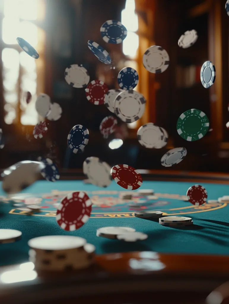 A close-up image of a green felt casino table with a pile of colorful poker chips scattered on and around it. There is a blurry background of a wooden table with books on it. The chips are falling in mid-air, adding a sense of motion and excitement to the scene. The image evokes a sense of gambling and the thrill of the game.