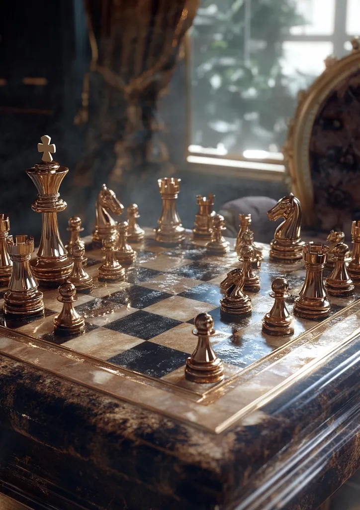 A golden chessboard sits in a luxurious room, bathed in soft light. The chess pieces are crafted in a rich, metallic gold, reflecting the light beautifully. The board itself is a stunning piece of craftsmanship, with intricate details and a worn, antique finish. The scene evokes a sense of elegance and timeless strategy. A window behind the board allows glimpses of a snowy landscape, adding a touch of serenity to the scene.