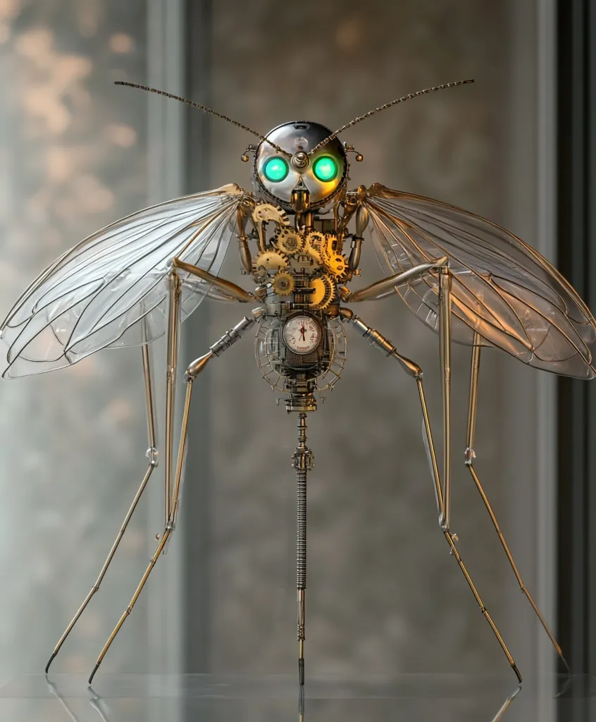 A steampunk-style, metallic insect sculpture stands on a reflective surface. It has a clock face on its chest and intricate gears surrounding it. Its wings are made of translucent material and its legs are long and slender. The insect has a pair of bright green eyes.  The sculpture is detailed and realistic, capturing the essence of a steampunk aesthetic.