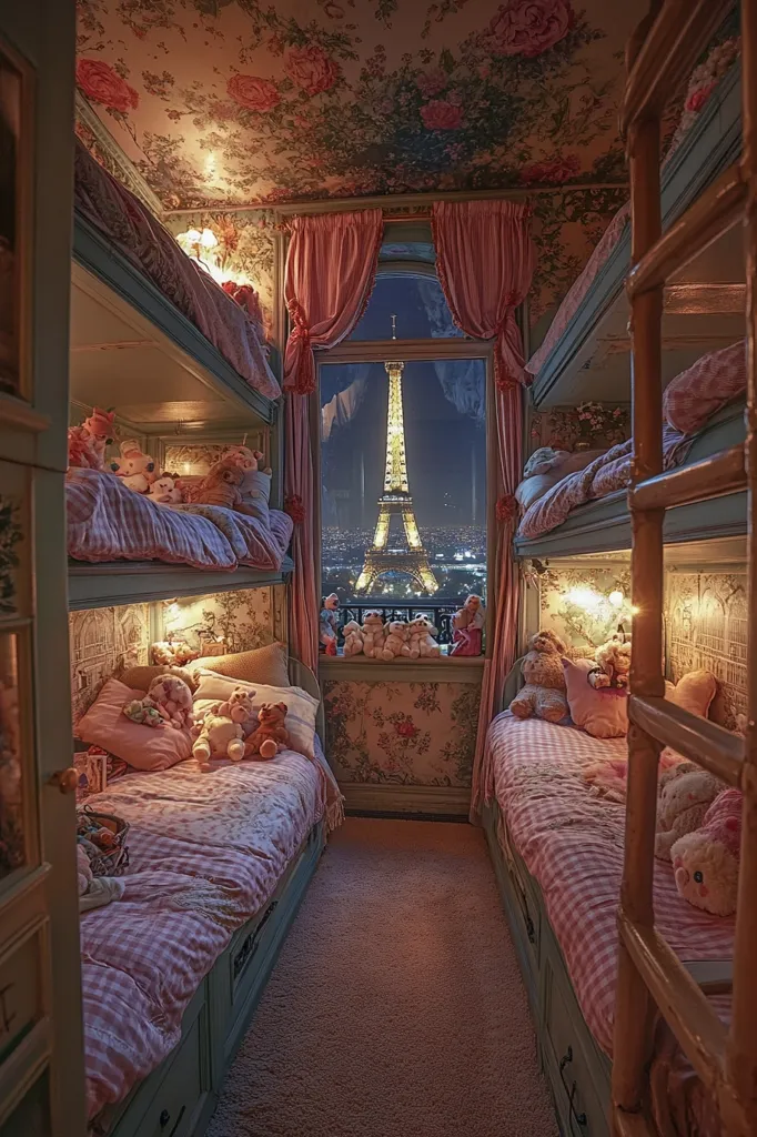 A whimsical bedroom with bunk beds and a view of the Eiffel Tower. The room is decorated with pink and floral patterns, and stuffed animals adorn the beds. A large window with pink curtains frames the view of the iconic landmark, bathed in the glow of the evening lights. The room exudes a dreamy and cozy atmosphere.