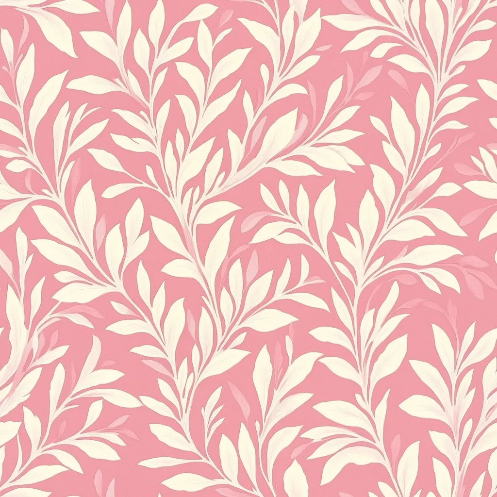 The image depicts a seamless pattern of white leaves on a pink background. The leaves are drawn in a simple, stylized manner, and they overlap and intertwine to create a delicate and flowing design. The overall effect is feminine and romantic, with a subtle vintage feel.