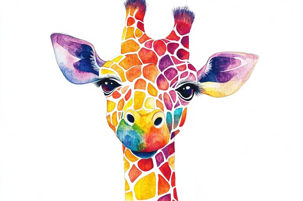 The image depicts a watercolor painting of a giraffe's head and neck. The giraffe is painted in a vibrant rainbow of colors, with each patch of its skin a different shade. The giraffe's eyes are large and dark, and its nose is small and pointed. The background is white, which makes the giraffe's colors stand out. The painting is whimsical and charming, and it captures the beauty of this iconic animal.