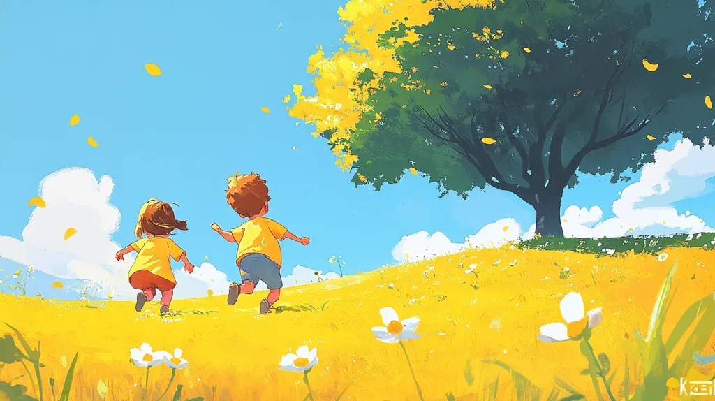 The image depicts two children, a boy and a girl, running through a field of yellow wildflowers. The sky is a bright blue with fluffy white clouds. A large tree with green leaves stands tall in the background, its branches reaching out towards the sky. The scene is filled with a sense of joy and freedom, as the children run freely in the warm sunshine. The vibrant colors and simple composition create a sense of peace and tranquility.
