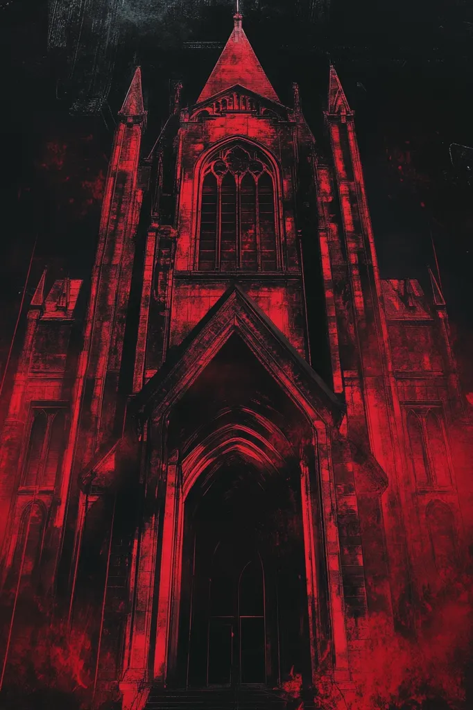 The image shows a large, gothic church, bathed in a dark, crimson red light. The building is adorned with intricate architectural details, including tall pointed arches and a large, ornate doorway. The overall effect is one of mystery and foreboding. The red light casts long shadows and obscures some of the details, creating a sense of unease and darkness.