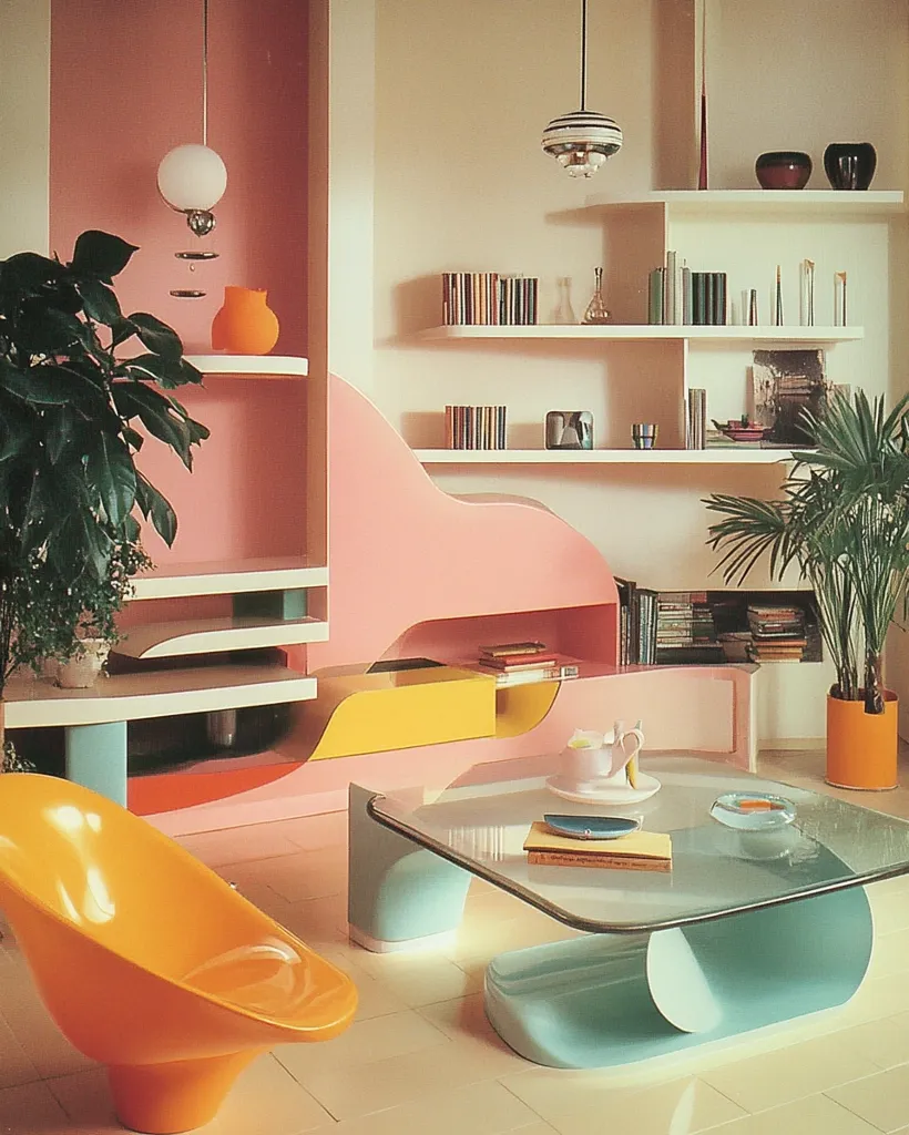 The image shows a living room with a vibrant and futuristic aesthetic. The walls are a soft pink, and the furniture is a mix of white, yellow, and blue.  The room features a unique curved design, with shelves, cabinets, and furniture with rounded shapes. A large plant is in the corner, adding a touch of nature.  The room has a modern and minimalist feel, with a focus on geometric shapes and sleek lines. It captures the spirit of the 1970s and 80s, with its bold colors and futuristic design.  The overall effect is one of  playful vibrancy and geometric simplicity.