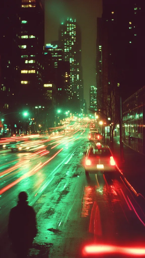 The image is a nighttime shot of a city street. The street is lined with tall buildings, some of which are lit up with green lights. In the foreground, a dark figure stands near the edge of the street, which is wet from rain. Cars drive along the street, their headlights creating streaks of light in the asphalt. The image has a cool, urban feel.