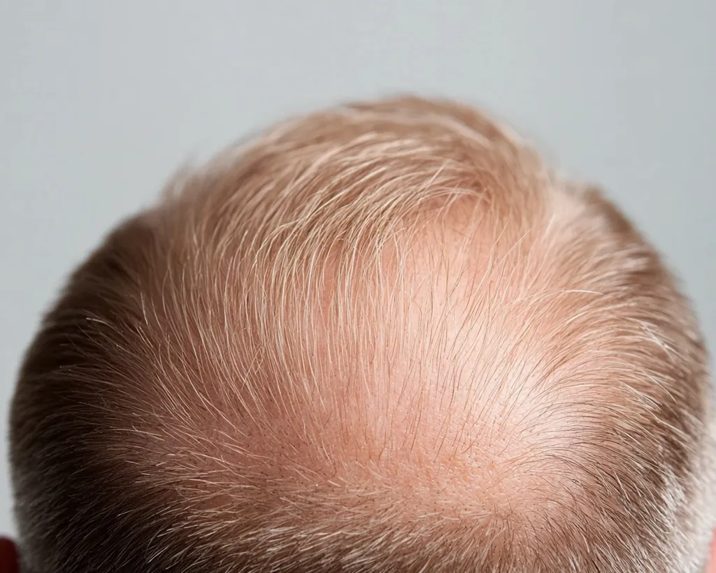 The image shows a close-up of a man's scalp, revealing thinning hair and a receding hairline. The light blond hair is sparsely distributed, highlighting the underlying skin. The overall impression is of a man experiencing hair loss, possibly due to age or genetics.