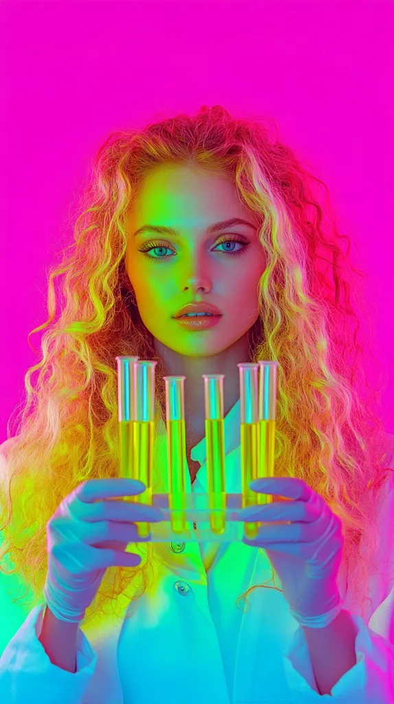 A woman with long, curly blonde hair is wearing a white lab coat and gloves, holding up six test tubes filled with a yellow liquid. She is illuminated in vibrant neon colors, creating a striking and futuristic aesthetic. The bright pink background adds to the overall sense of energy and dynamism.