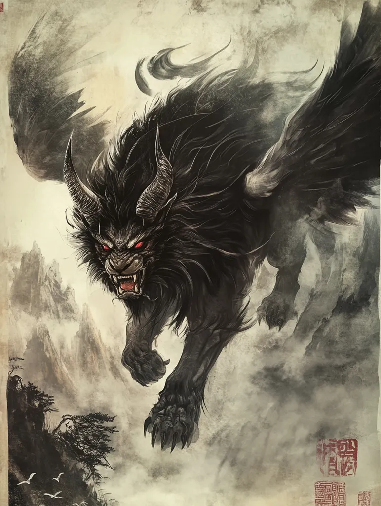 The image depicts a black, winged beast with glowing red eyes and sharp horns. It is drawn in a traditional Japanese style with a hazy background that suggests mountains and clouds. The beast's muscular body and fierce expression evoke a sense of power and danger. Red seals are present on the bottom right corner, adding to the image's mythical and ancient feel. The artwork combines realism with artistic stylization to create an impressive and captivating portrayal of a mythical creature.