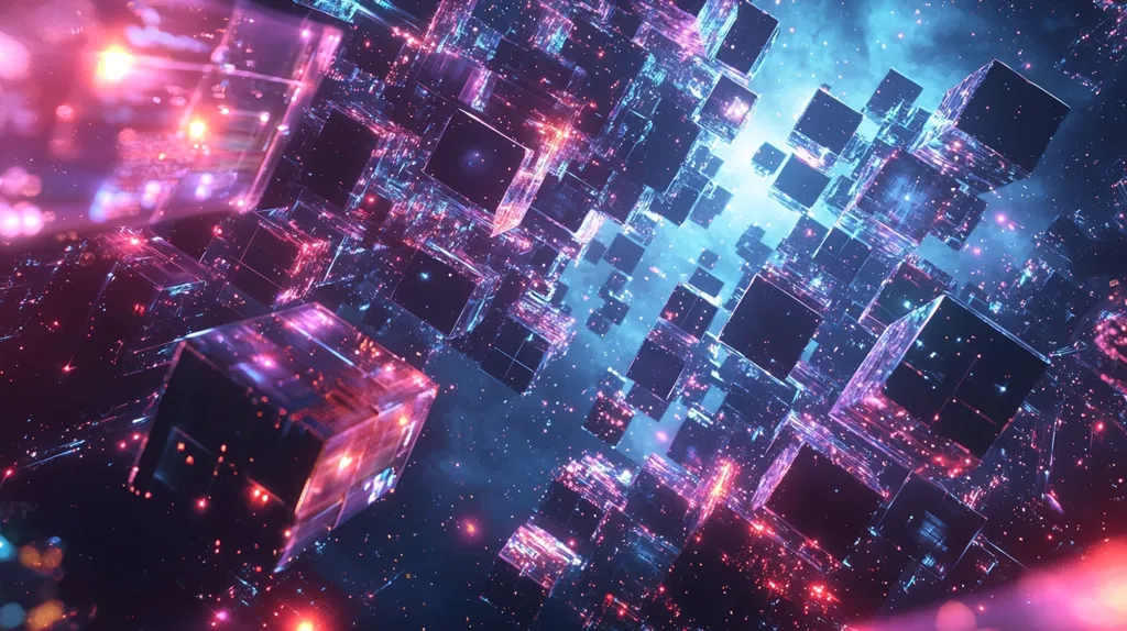 The image is a digital rendering of a futuristic cityscape.  It appears to be made of large, glowing cubes with intricate circuitry. The cubes are connected to each other in a complex network, and they are bathed in bright, neon colors. The background is a deep, starry sky. The image creates a sense of wonder and excitement, and it suggests the possibilities of the future.