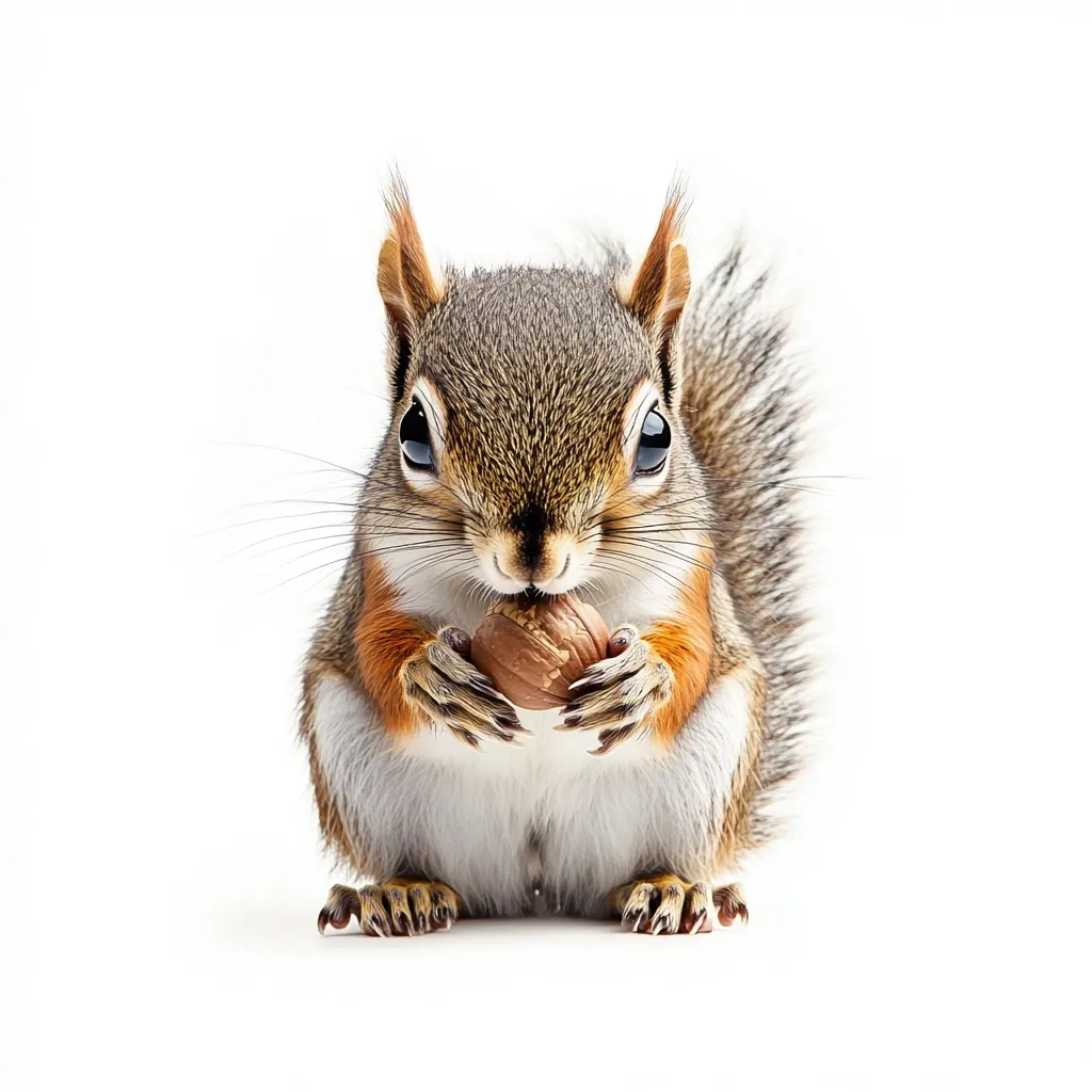 A small, brown and white squirrel sits on a white background, facing the camera. It is holding a nut in its paws and taking a bite. The squirrel has large, dark eyes and a bushy tail. It appears to be focused on its meal. The image is well-lit and the squirrel's fur is detailed.