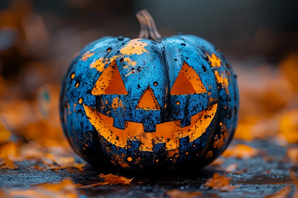 A carved pumpkin with a traditional jack-o'-lantern face sits on a bed of fallen autumn leaves. The pumpkin is painted a deep blue, with orange highlights, giving it a unique and slightly eerie look. The carved face glows with an orange light from within, creating a spooky atmosphere. The background is blurred, drawing attention to the pumpkin as the centerpiece. The image evokes the spirit of Halloween, with its dark colors, spooky elements, and autumnal setting.