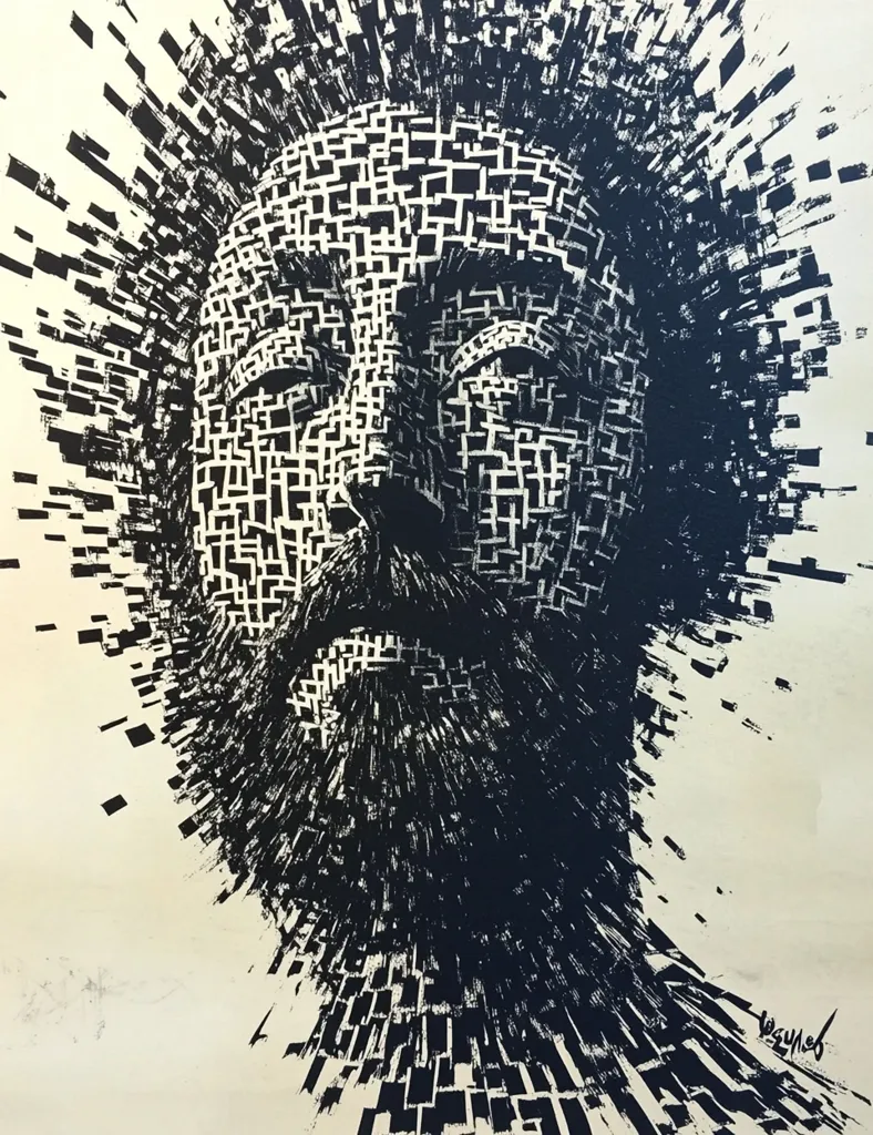 The image is a black and white abstract portrait of a person's face. The face is made up of a series of geometric shapes, creating a fragmented and distorted effect. The background is a light beige color, creating a stark contrast with the dark face. The artist's signature is visible in the bottom right corner of the image.  The piece has an overall feel of  distortion and uncertainty, perhaps representing the complexities of human identity.  The abstract lines create a sense of movement and energy.