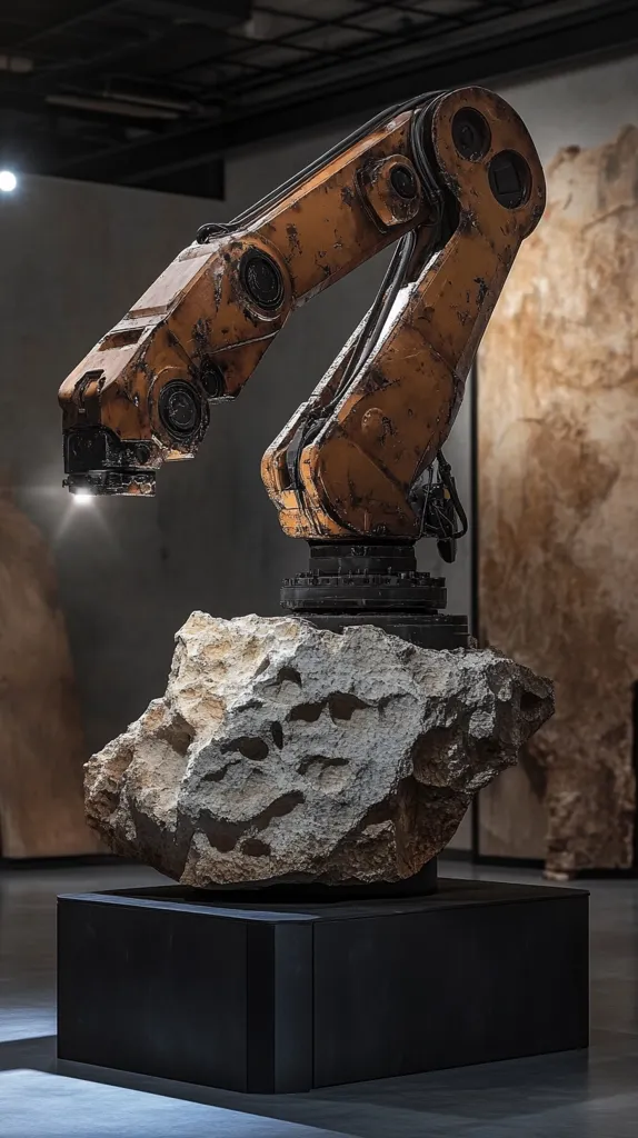 A rusty, industrial robot arm, resembling a skeletal hand, is perched atop a large, rough-hewn stone. The arm is positioned as if reaching towards the viewer, creating a sense of both curiosity and caution. The stone, which appears to be a fragment of something larger, sits on a simple black pedestal. The background is blurred, highlighting the stark contrast between the metallic arm and the organic stone. The scene evokes a sense of post-apocalyptic industrialism.