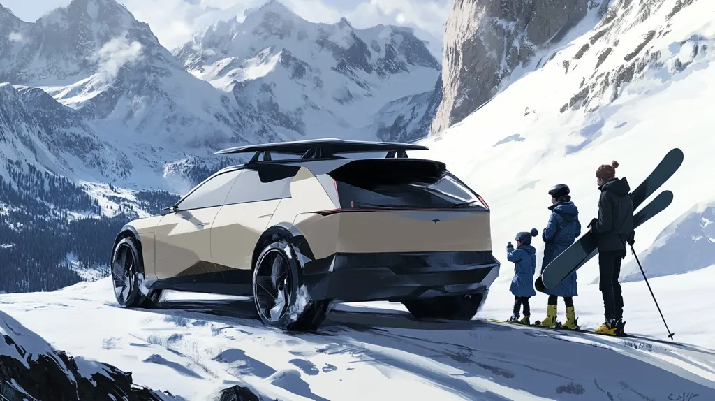 A family of three stand in the snow with their skis. A futuristic car with a roof rack sits behind them. A snowy mountain range stretches out in the distance.  The scene is painted in a realistic style with a soft focus.