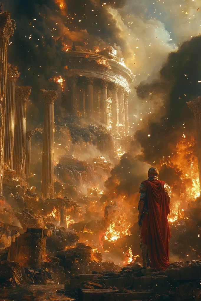 A lone figure, clad in armor and a flowing red cape, stands amidst the ruins of a once-grand, now burning city. The scene is bathed in the glow of a raging fire, with billowing smoke and a backdrop of towering columns and fallen stones. The image evokes a sense of destruction and despair, leaving the viewer to ponder the fate of the fallen city and the solitary figure who stands as a witness to its demise.