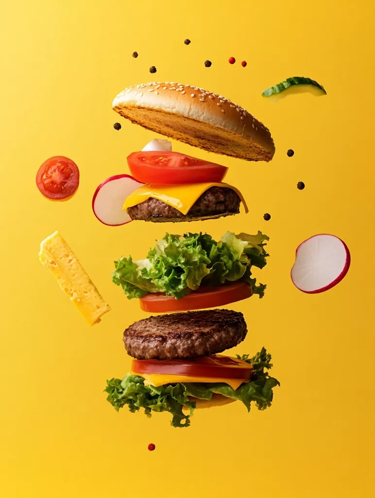A juicy hamburger, suspended mid-air against a bright yellow background. Its components are scattered around it, including a sesame seed bun, lettuce, tomato, cheese, a beef patty, radish slices, and a pickle. Black and red peppercorns are sprinkled around the burger. It’s a colorful and enticing visual representation of a classic fast-food meal.