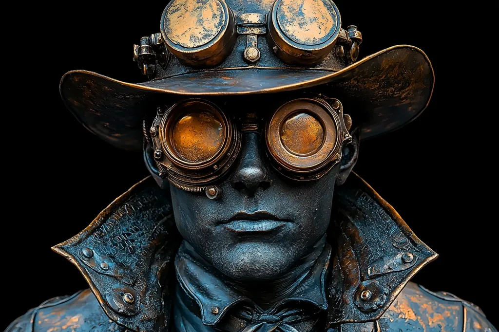 A close-up shot of a bronze sculpture depicting a man wearing a wide-brimmed hat and goggles. The sculpture's intricate details are captured in high definition, with a focus on the man's face, which has a serious expression. The sculpture is set against a black background, enhancing the bronze's metallic sheen. The image evokes a sense of mystery and adventure, transporting the viewer to a world of steampunk imagination.