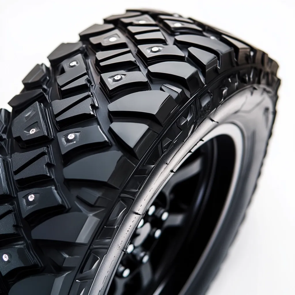 A close-up of a black tire with deep tread and studs, designed for optimal grip in icy conditions. The tire is mounted on a black rim with five lug nuts. The image showcases the tire's intricate design, highlighting its ruggedness and off-road capabilities.