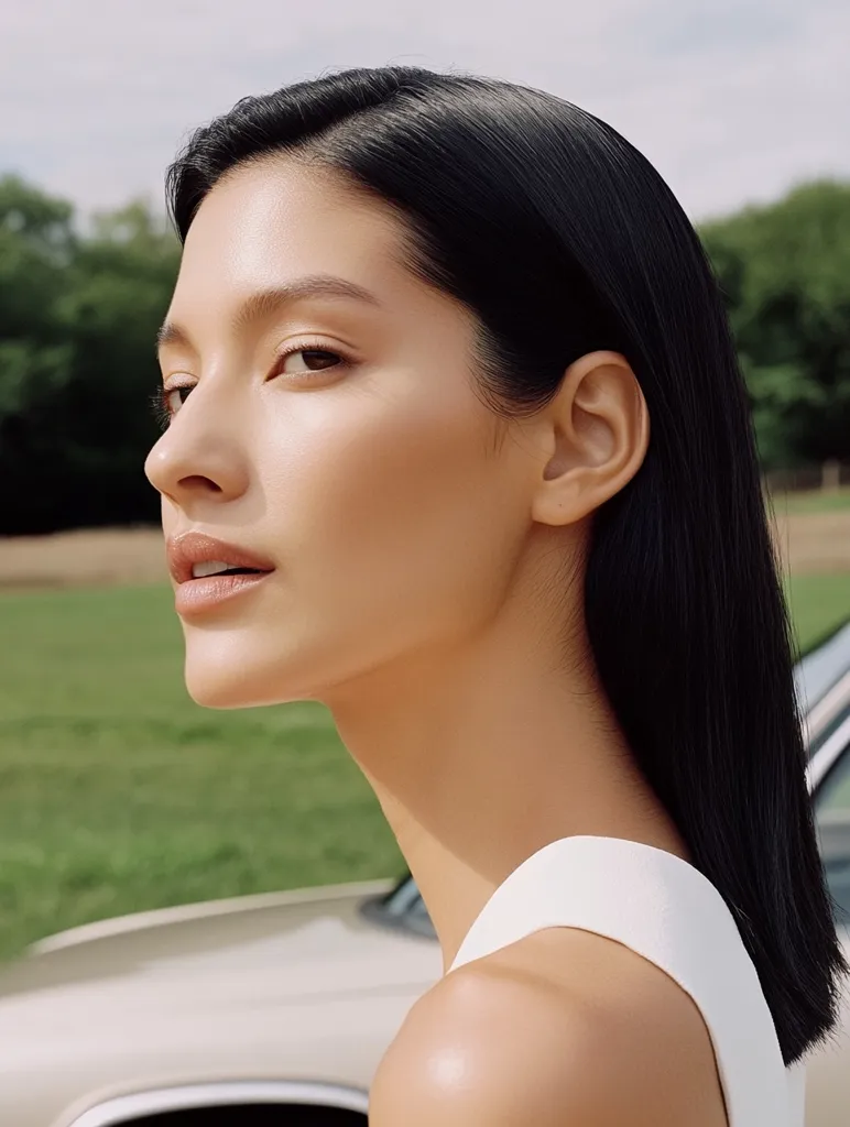 A young woman with long, straight black hair and flawless skin gazes off-camera. Her eyes are bright and her lips are slightly parted. She is wearing a simple white tank top and appears to be outdoors, possibly in a rural setting. The background is blurred, focusing the attention on her striking features.