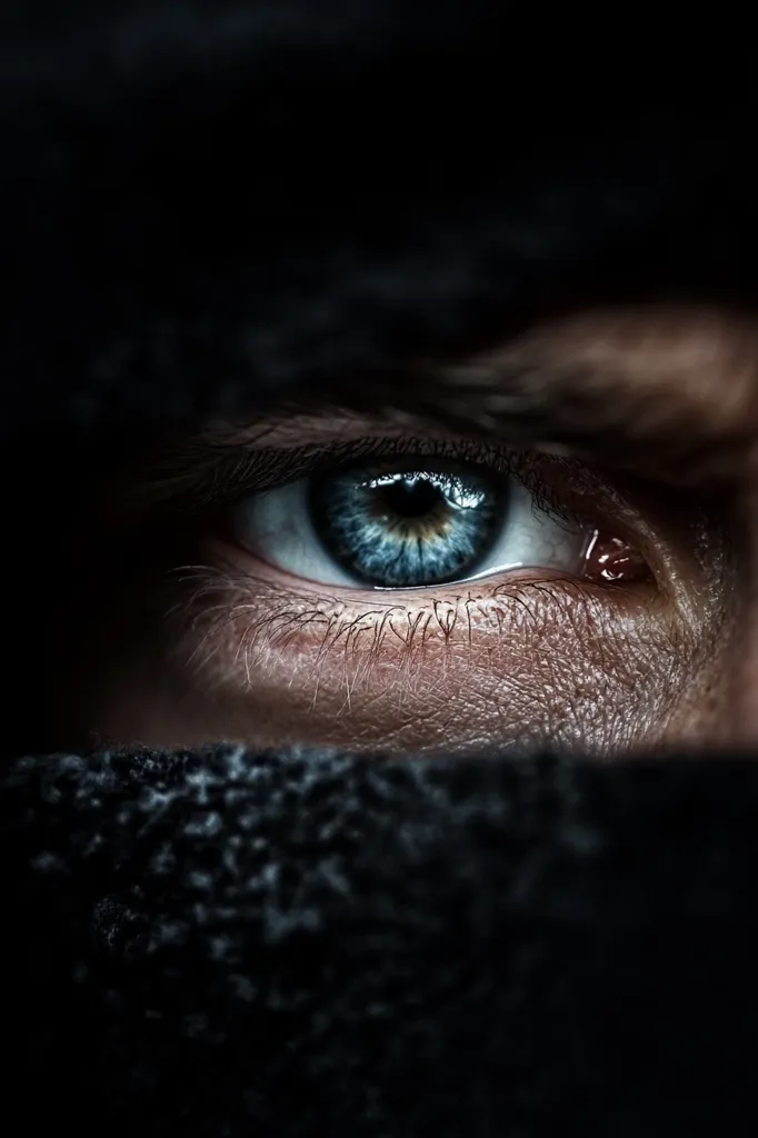 The image shows a close-up of a person's blue eye, partially obscured by a dark fabric. The eye is the only element in focus, highlighting its intense gaze. The dark fabric and surrounding shadows create a sense of mystery and intrigue, emphasizing the piercing intensity of the eye.