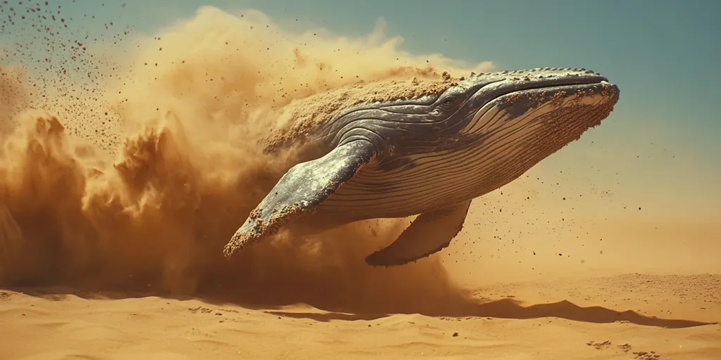 A large whale leaps through a desert landscape, kicking up a cloud of sand as it goes. Its skin is covered in sand, and the sand is swirling around it in a dusty vortex. The whale's head is tilted upwards, and its mouth is open. The background is a vast, golden desert. The image is surreal and dreamlike, suggesting that the whale has somehow found itself in an impossible place.  The colors are muted and sandy, contributing to the surreal atmosphere.