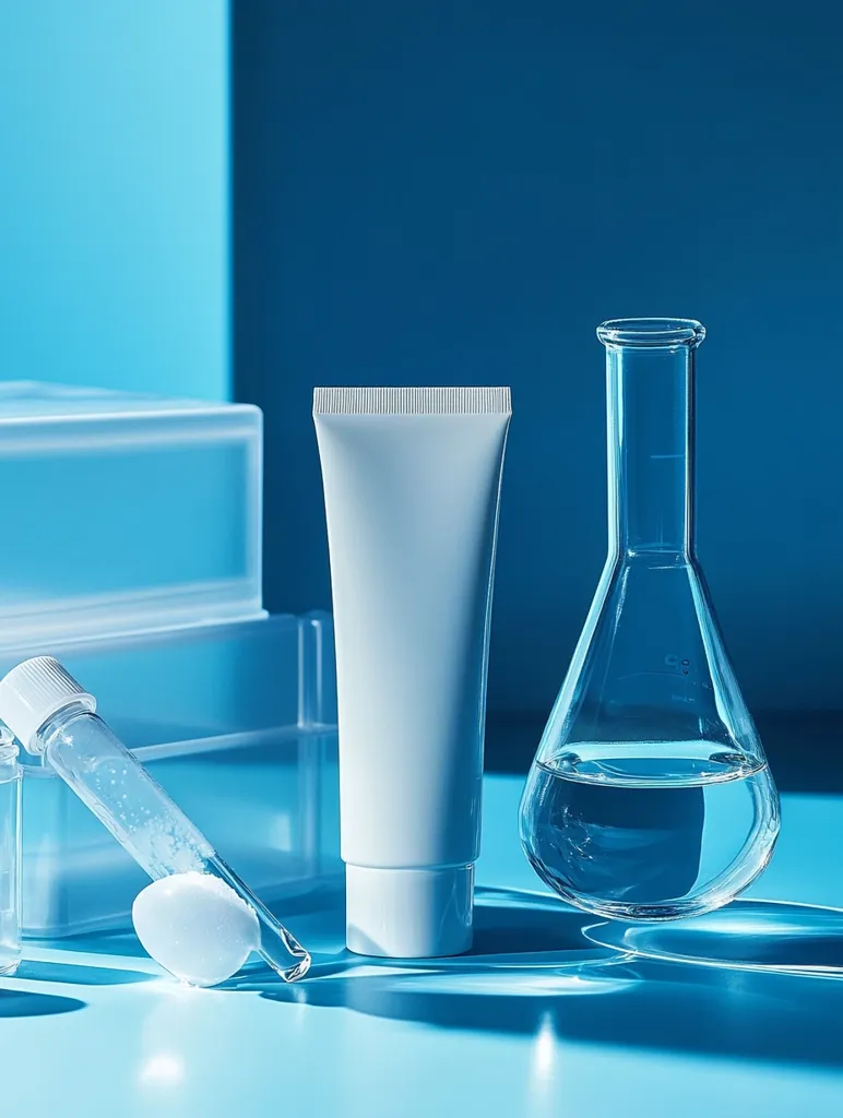 The image shows a white tube of lotion, a clear glass flask filled with a blue liquid, and a clear glass tube containing a white powder. The objects are arranged on a blue surface, with a blue background. The image has a minimalistic aesthetic, highlighting the clean lines and simplicity of the objects. The composition suggests a laboratory setting, emphasizing the scientific nature of the products.