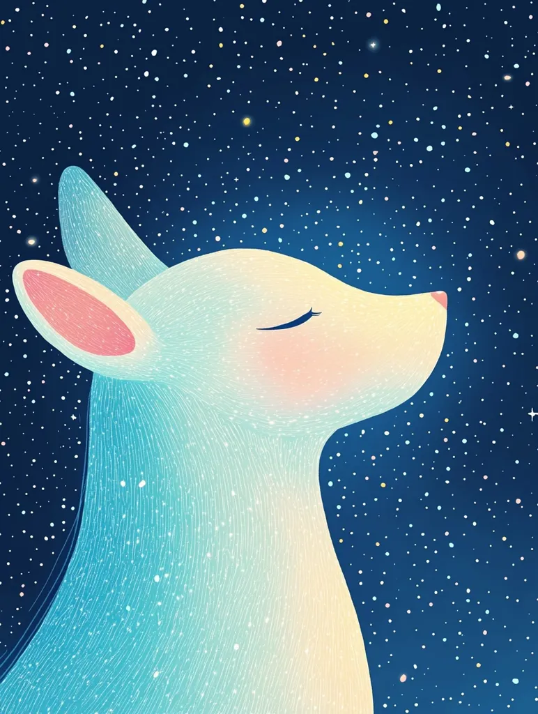 A stylized, soft-colored,  creature with its eyes closed, is gazing up at a starry night sky.  The creature is a soft blue and white with pink ears.  The background is a deep blue filled with tiny white, yellow, and blue stars.  The creature appears to be serene and peaceful.