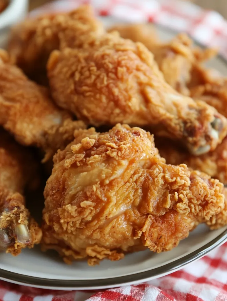 A plate of crispy fried chicken pieces, golden brown and glistening, piled high. The chicken is perfectly cooked, with a crunchy exterior and a juicy interior. The image evokes a sense of comfort food and deliciousness. The red and white checkered tablecloth adds a touch of homeliness to the scene.