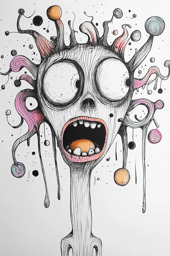 The image depicts a grotesque, cartoon-like creature with a wide, gaping mouth and large, bulging eyes. Its head is covered in a wild mess of tangled lines and swirls, with splashes of pink and orange color. Its body is long and thin, with drippy tendrils extending from its head and neck. The overall impression is one of chaotic energy and exaggerated expression. The creature appears to be in a state of intense surprise or alarm.