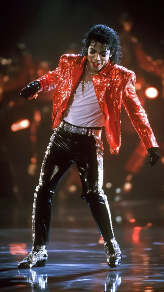 Michael Jackson performs on stage, wearing a red sequined jacket, black leather pants, and sparkling boots. He smiles as he leans into his signature dance move, a dynamic pose that highlights his energetic performance. The background is blurry, creating a focus on the King of Pop in his element. The lighting and stage create an electrifying atmosphere for his captivating performance.