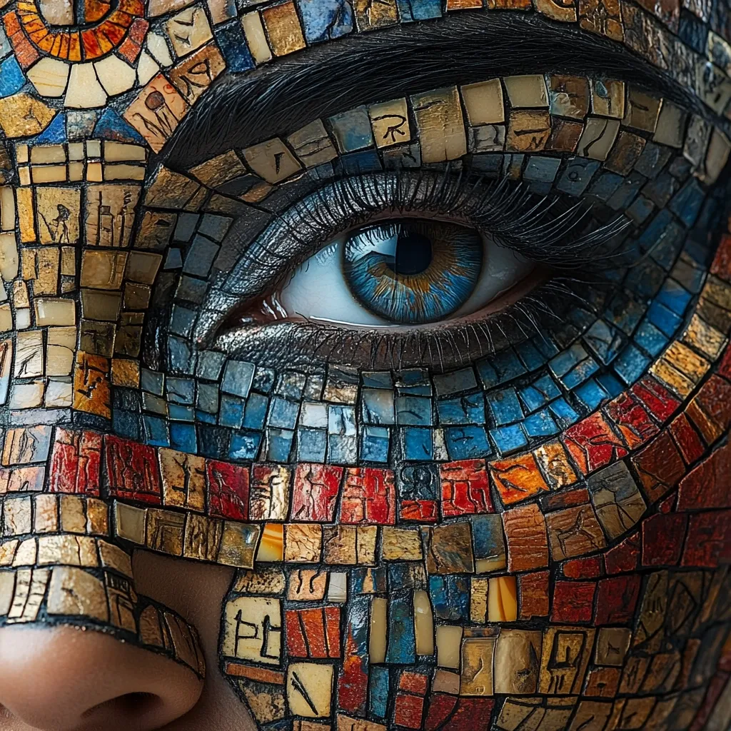 A close-up of a woman's eye with intricate mosaic makeup. The eye is framed by a thick black eyebrow and long eyelashes, and the blue iris is surrounded by a ring of gold. The makeup creates the illusion of a mosaic surface, with small squares of various colors and patterns. The image has a surreal and artistic quality.