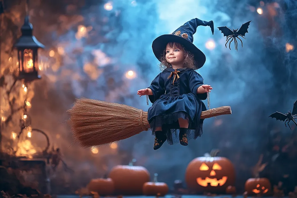 A young girl dressed as a witch, complete with a pointed hat and a dark blue dress, sits astride a broomstick, her gaze directed upwards.  The broomstick is suspended against a backdrop of swirling blue smoke and a soft, ethereal glow.  The scene is accented by pumpkins and bats, evoking a whimsical, enchanting atmosphere that's perfect for Halloween.  The image captures a child's innocent belief in magic, as she takes flight on her broomstick, seemingly suspended in mid-air.  The soft lighting and the dreamy smoke create a sense of mystery and wonder, making the image both playful and slightly eerie.