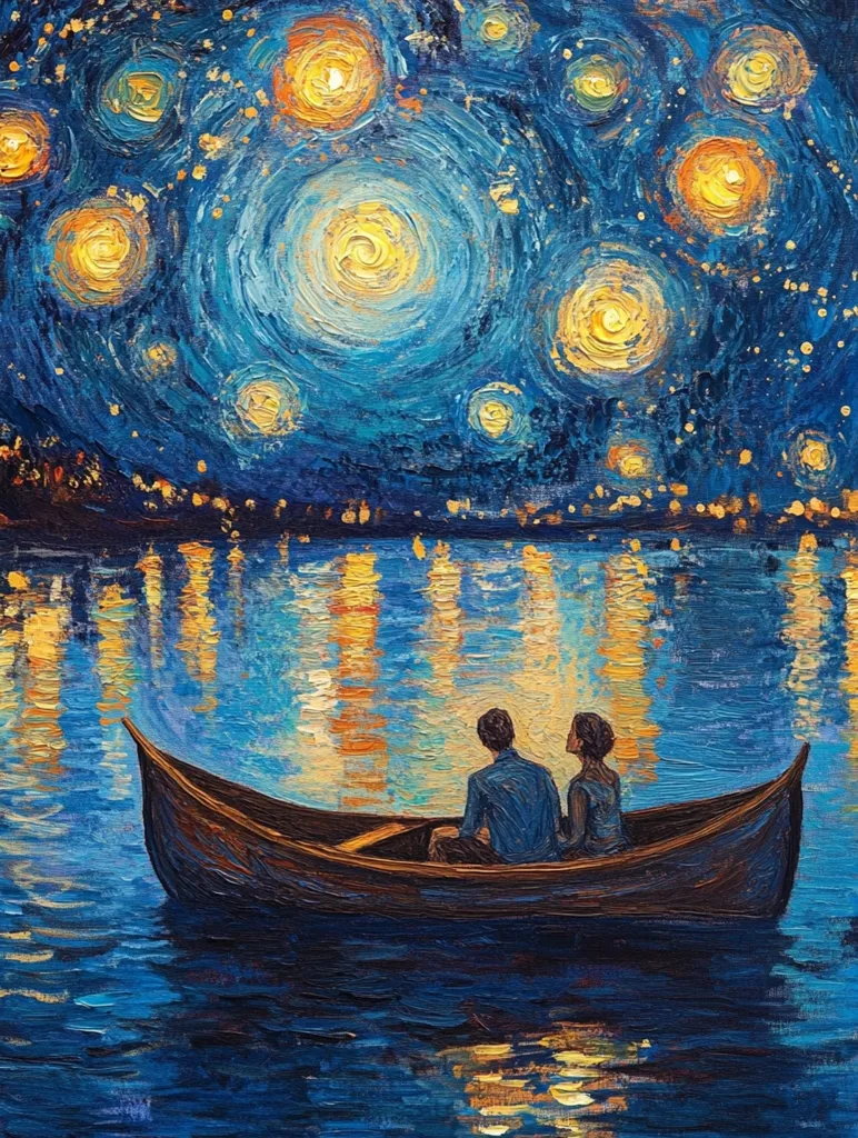 The painting depicts a romantic scene with a couple in a rowboat on a calm, still lake. The night sky above is a vibrant blue canvas dotted with bright yellow stars, creating a sense of wonder and tranquility. The reflection of the stars in the water adds to the dreamy atmosphere, enhancing the sense of serenity and beauty. The thick brushstrokes and the use of warm and cool colors contribute to the painting's overall impression of a serene and magical moment.