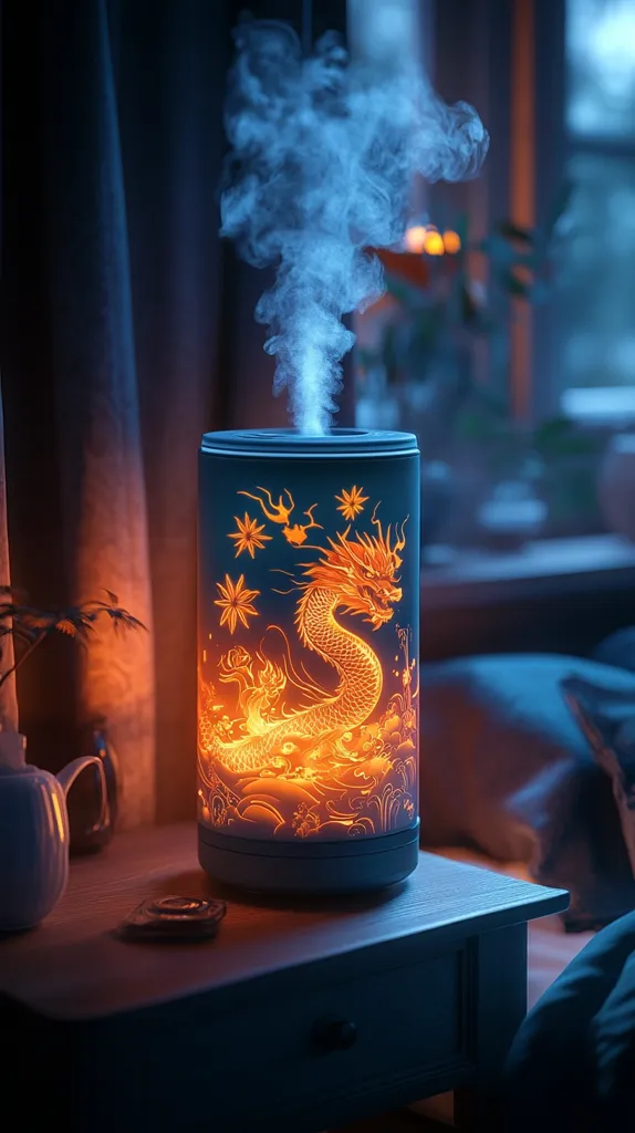 A blue and white cylindrical diffuser with a golden dragon design sits on a wooden nightstand.  The diffuser is lit from within, casting a warm glow on the dragon.  A wisp of smoke curls up from the top of the diffuser, suggesting it is in use. The room is dimly lit and features soft blue tones.  A white teapot rests on the nightstand, creating a cozy and inviting atmosphere.