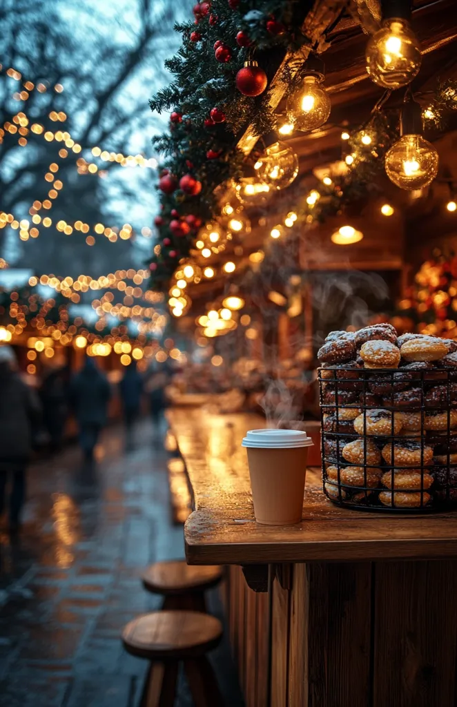 A steaming cup of coffee sits on a wooden counter at a Christmas market. The counter is decorated with string lights and a basket of pastries. In the background, blurred figures stroll through the market, lit by twinkling lights and the glow of the stalls. The air is thick with the anticipation of the holiday season.