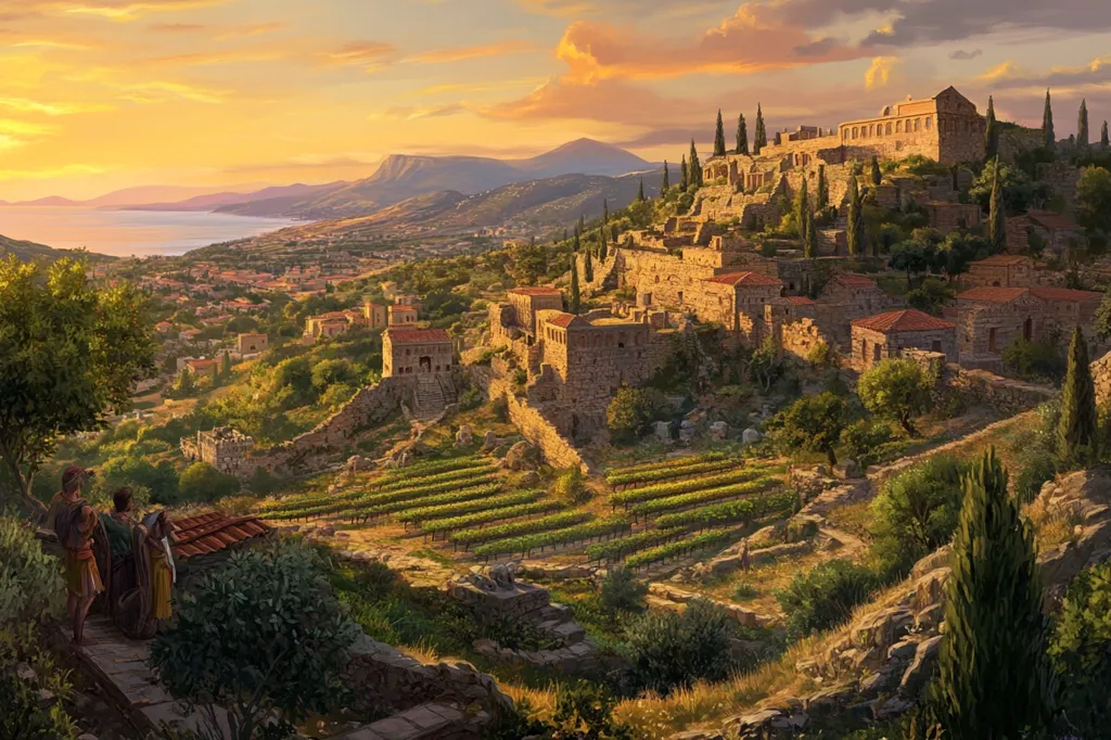 The image depicts a sprawling ancient city nestled within a valley, bathed in the warm glow of a setting sun. The city is fortified with stone walls and towers, and the buildings are made of stone and tile. Lush green vineyards stretch down the hillsides, while a winding path leads up to the city gates. In the foreground, a group of people stand on a path, looking out towards the distant sea, creating a sense of anticipation and wonder. The scene evokes a sense of history, tradition, and natural beauty.