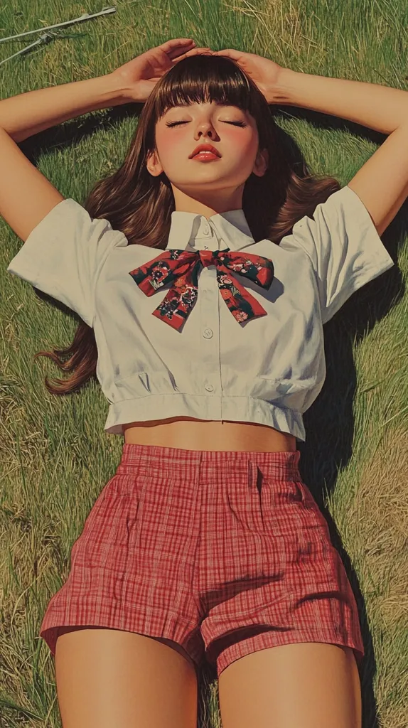 a female student in japanese uniform is laying down on a grass field, golden hour --ar 9:16 --p j437gtu --sref 3535792274 --s 900