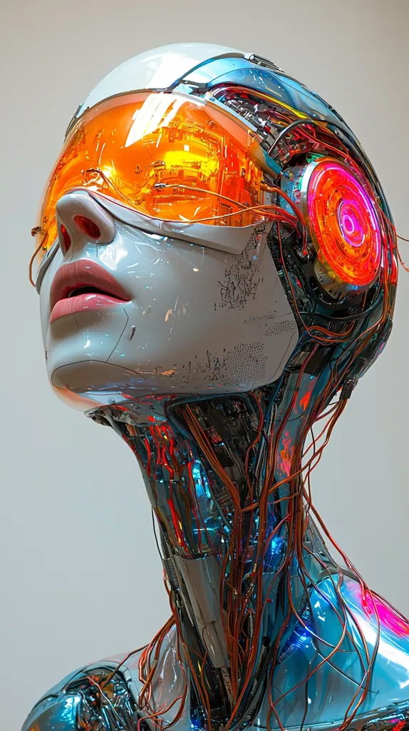The image depicts a futuristic, robotic head with a sleek, metallic exterior. The head is adorned with a large, transparent visor that reveals the intricate circuitry and wires underneath. A bright orange light illuminates the visor, creating a striking contrast against the cool, blue metallic tones. A circular, glowing red light on the side of the head suggests advanced technology. The exposed circuitry and wiring create a sense of both beauty and complexity, hinting at the power and intelligence of this robotic being. The head is tilted upwards, as if looking towards the sky, possibly symbolizing a futuristic vision or a yearning for knowledge.  The overall aesthetic of the image is both futuristic and somewhat unsettling, exploring the potential of artificial intelligence and its implications for humanity.