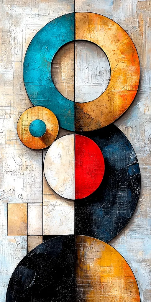 The image is an abstract painting featuring a variety of circular and geometric shapes. The dominant colors are blue, red, black, white, and gold. The circles are layered and overlapping, creating a sense of depth and movement. The background has a textured, textured surface. The overall effect is modern and dynamic.