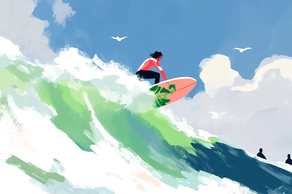 A surfer rides a large wave, his surfboard painted with a green leafy pattern. The water is a mix of white, green, and blue, and the sky is a pale blue with white clouds and two small seagulls. The surfer wears a red shirt and appears to be about to catch a big wave. There are two people watching from the beach. The image is painted in a loose, impressionistic style with broad brushstrokes.