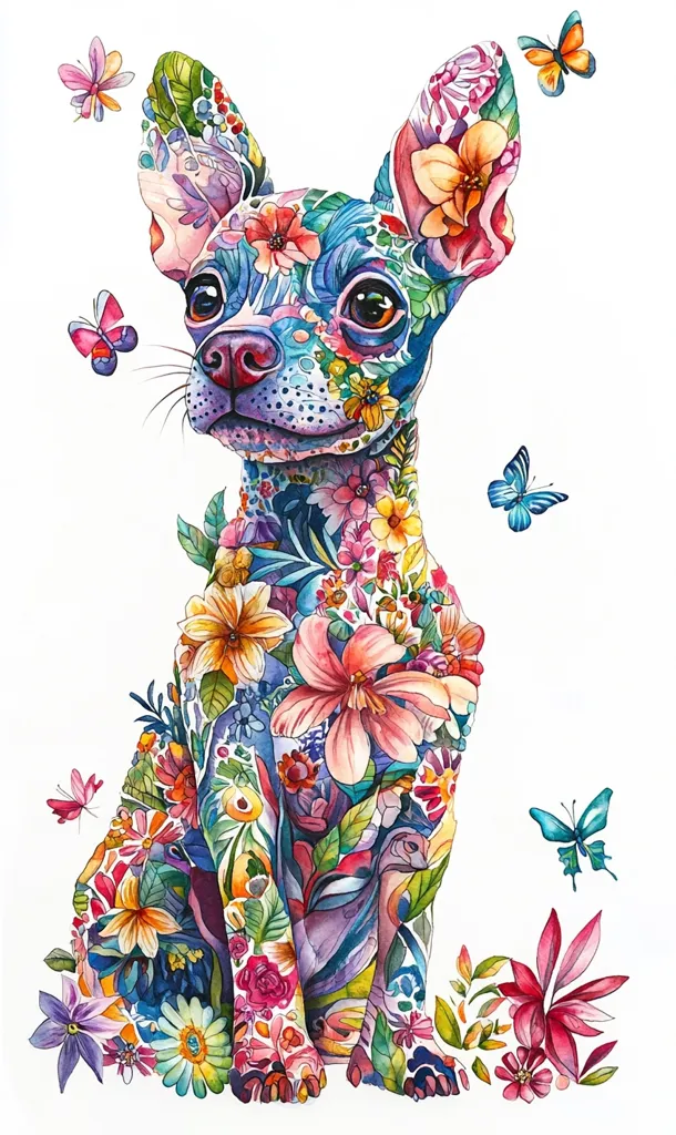 A watercolor painting depicts a chihuahua with a floral design.  The dog's fur is covered in brightly colored flowers and leaves. The dog is sitting in a relaxed pose, with its head tilted slightly to the side. There are several butterflies flying around the dog. The painting is done in a vibrant and playful style, creating a cheerful and whimsical scene.