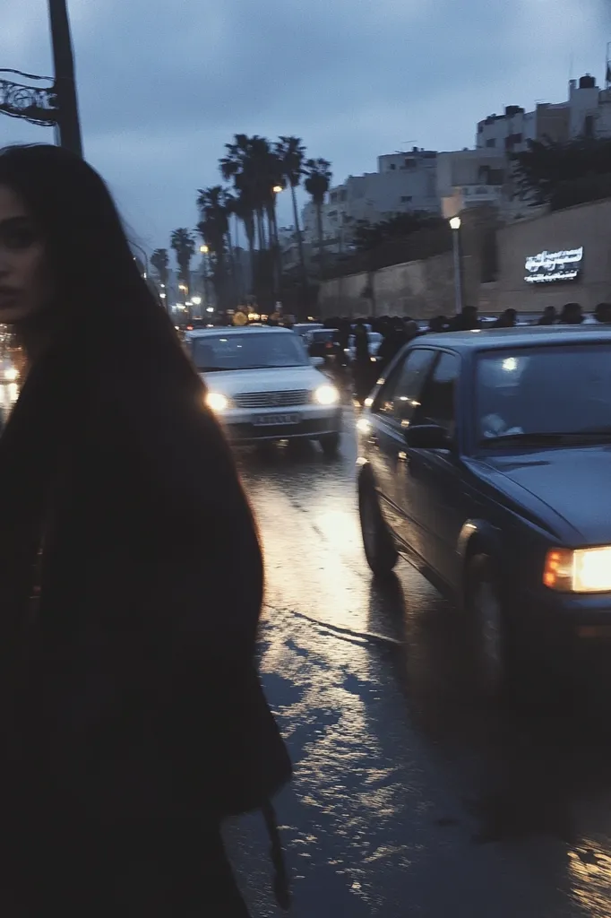A woman with long dark hair walks down a street in the evening. The street is wet from rain and the lights of passing cars reflect on the asphalt. In the distance, there are buildings and palm trees, and a few cars are parked on the side of the street. The overall mood of the image is quiet and contemplative.