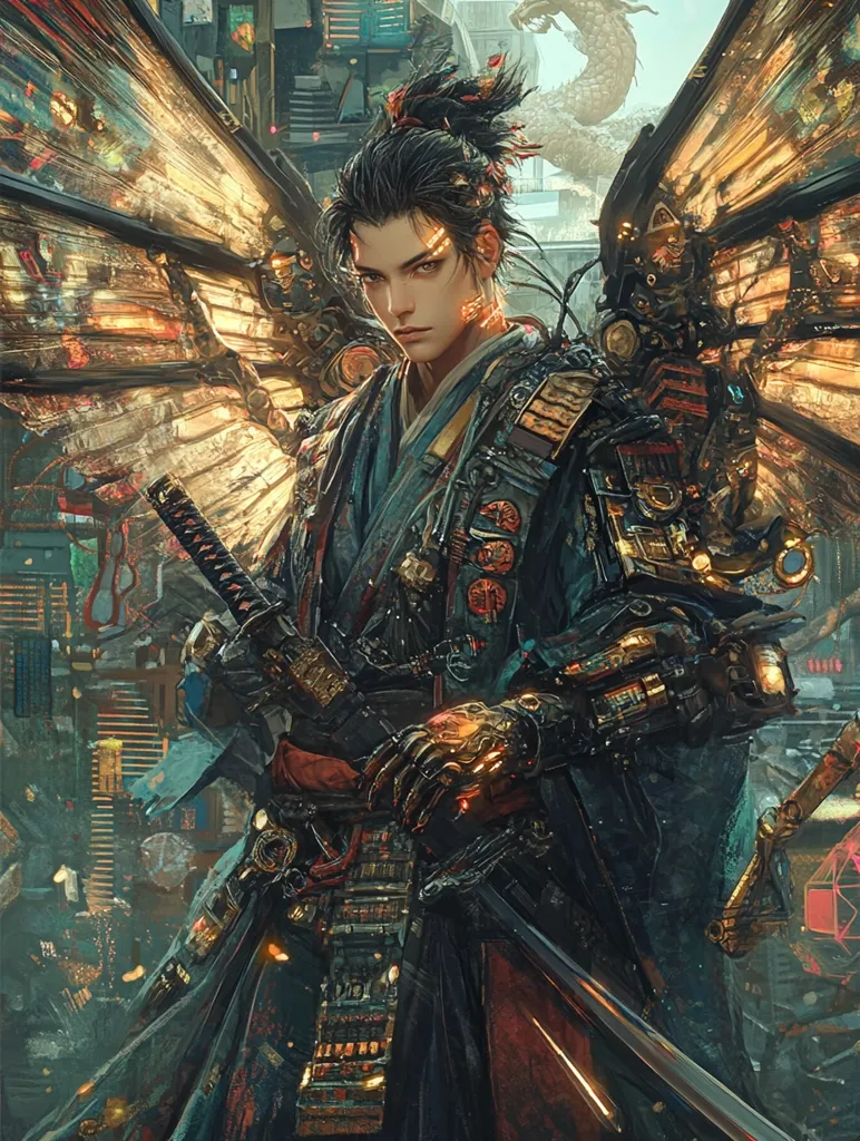 A young samurai, with a stoic expression, stands amidst a futuristic cityscape. He is adorned with elaborate armor, incorporating both traditional Japanese elements and advanced cybernetic enhancements. His mechanical wings, resembling intricate gears and circuitry, spread behind him. He holds a katana, its blade reflecting the vibrant city lights. The scene evokes a blend of cyberpunk aesthetics and samurai traditions.
