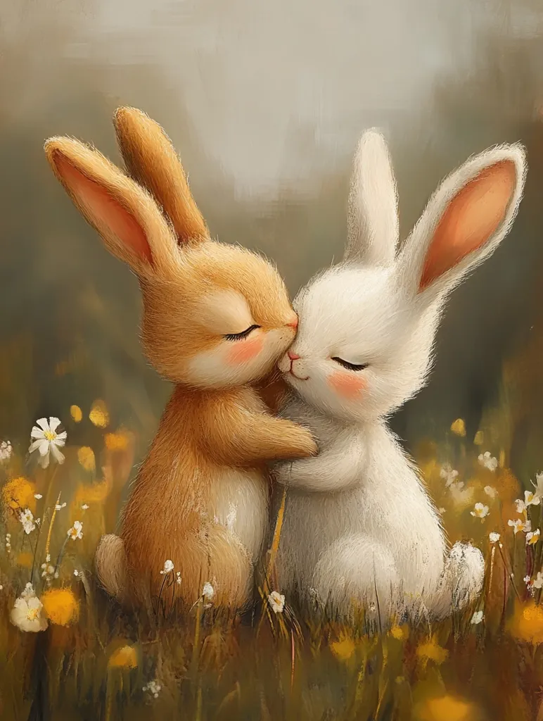 Two bunnies, one brown and one white, are cuddling in a field of yellow and white flowers. The brown bunny is leaning its head on the white bunny's shoulder, and the white bunny has its paws wrapped around the brown bunny's neck. The bunnies are in a field of grass and flowers, with a blurred background.  Their eyes are closed, suggesting a peaceful and loving moment.